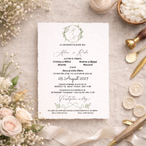 Invitație de nuntă minimalistă cu font caligrafic și design modern