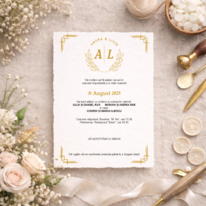 Invitație de Nuntă Elegantă Minimalistă cu Frunze Aurii