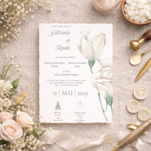 Invitație de Nuntă Elegantă Minimalistă cu Lalele Albe – Stil Botanic