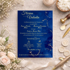 Invitație de nuntă elegantă albastru regal cu detalii aurii