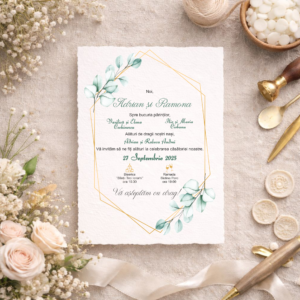 Invitație de Nuntă Minimalistă cu Frunze și Text Caligrafic