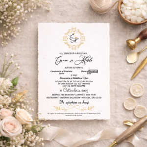 Invitație de Nuntă Minimalistă cu Detalii Aurii și Text Elegant