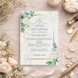Invitație Nuntă Botanică Elegantă – Frunze Verzi și Ramă Aurie