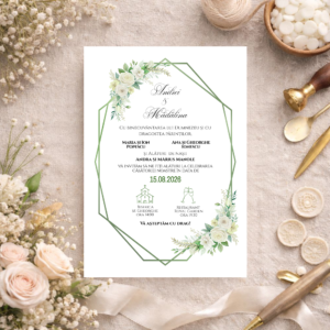 Invitație Nuntă Botanică Elegantă – Frunze Verzi și Ramă Verde