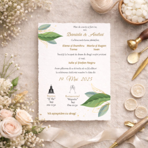 Invitație de nuntă minimalistă cu frunze verzi