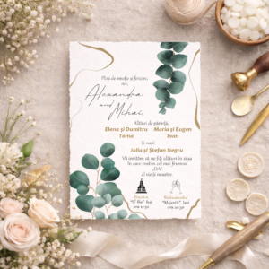 Invitație de nuntă elegantă cu design eucalipt