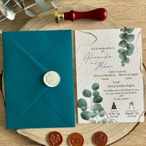 Invitație Nunt texturată Verde Eucalypt cu Plic și Sigiliu Personalizat