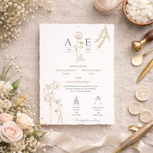 Invitație de nuntă elegantă cu frunze și flori aurii, design rafinat
