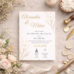 Invitație de nuntă elegantă cu flori aurii și frunze aurii premium