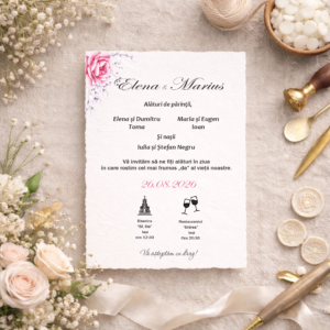 Invitație de nuntă minimalistă cu trandafir roz
