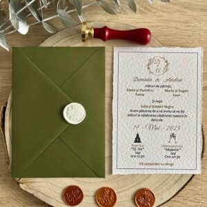 Invitație de nuntă texturată verde Olive cu sigiliu din ceară