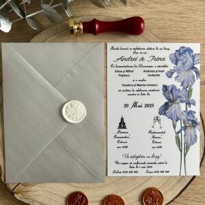 Invitație de nuntă iris cu sigiliu alb și plic argintiu