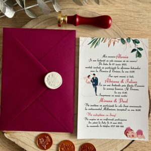 Invitație 2 în 1 nuntă & botez – plic orchid și sigiliu alb