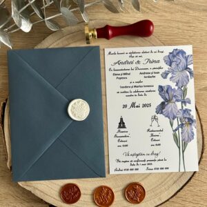 Invitație de nuntă Iris cu sigiliu alb și plic albastru