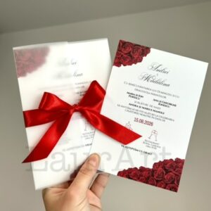 Invitație de nuntă texturată cu fundă model trandafiri