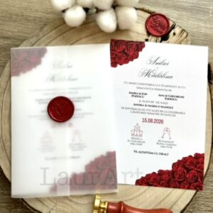 Invitație de nuntă texturată cu sigiliu model trandafiri