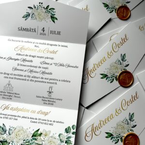 Invitație de nuntă - model plic floral cu sigiliu
