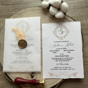 Invitație de nuntă cu plic, sigiliu din ceară și pană
