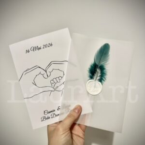 Invitație de nuntă 2 in 1 cu sigiliu, pană și calc