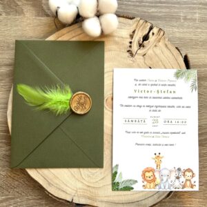 Invitație Botez Băiețel plic si pană – Tematică safari