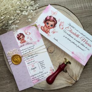 Invitație Botez Fetiță plic – Tematică baby pink rose