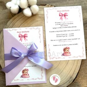 Invitație Botez Fetiță plic – Tematică baby violet